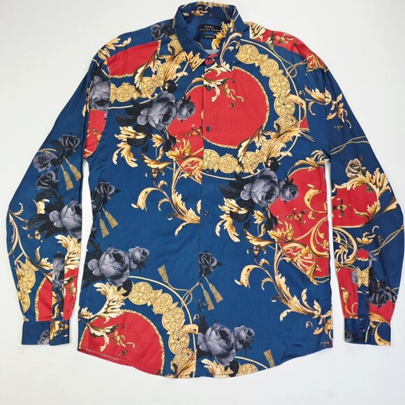 Zara Size Medium Relaxed Fit Mens Navy Floral Viscose Long Sleeve Designer Shirt - Picture 1 of 9